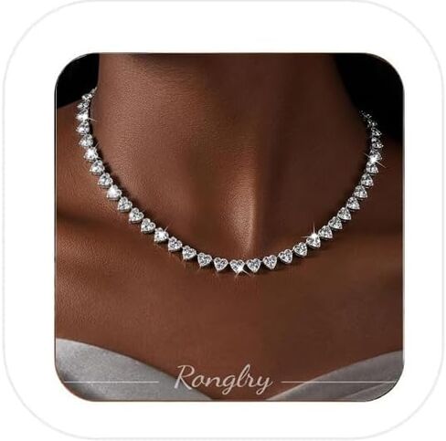 Ronglry Silver Heart Necklace Rhinestone Tennis Necklaces for Women Silver Diamond Choker Necklace for Women Heart Chain Necklace Rhinestone Jewelry Gifts for Party Wedding in Saudi Arabia