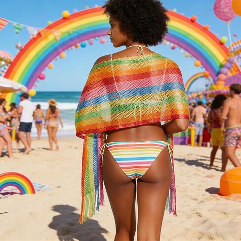 Women's Rainbow Summer Kimono Cover Ups Sheer Mesh Swimwear Cover up Scarf Cardigan for Pride Day in Saudi Arabia