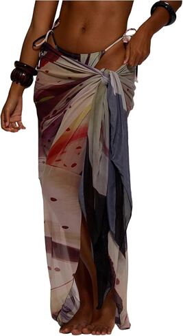 GORGLITTER Women's Floral Print Boho Swimsuit Cover Up Colorful Mesh Knot Side Wrap Summer Beach Skirts in Kuwait