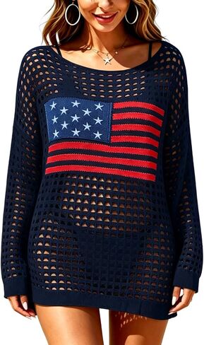 Women's American Flag High-Low Hem Scoop Neck Long Sleeve Crochet Cover Up in Saudi Arabia