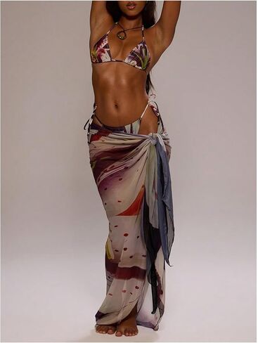 GORGLITTER Women's Floral Print Boho Swimsuit Cover Up Colorful Mesh Knot Side Wrap Summer Beach Skirts in Saudi Arabia