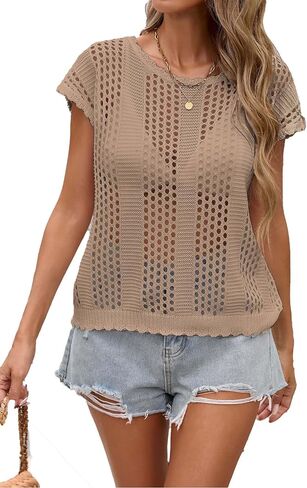 BreathSunny Womens Crochet Knit Top Swimsuit Coverup Summer 2026 Crew Neck Hollow Out Bathing Suit Cover Up Vacation Clothes in Saudi Arabia
