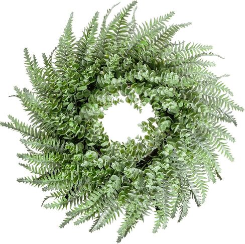 26'' Eucalyptus and Boston Ferns Wreath for Front Door - Artificial Eucalyptus Leaves Greenery Outdoor Wreath for Wedding Farmhouse Porch Wall Room Home Decor (Gray-Green) in Saudi Arabia