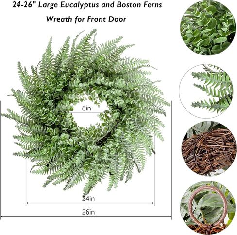 26'' Eucalyptus and Boston Ferns Wreath for Front Door - Artificial Eucalyptus Leaves Greenery Outdoor Wreath for Wedding Farmhouse Porch Wall Room Home Decor (Gray-Green) in Saudi Arabia