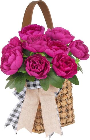 Door Basket 17in Hanging Basket for Front Door with 10 Pcs Peonies Artificial Flowers Wreath, Woven Wall Baskets for Spring Summer Garden Farmhouse Home Boho Wall Decor in Saudi Arabia