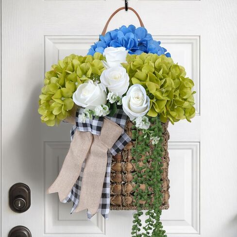Door Basket 17in Hanging Basket for Front Door with 10 Pcs Peonies Artificial Flowers Wreath, Woven Wall Baskets for Spring Summer Garden Farmhouse Home Boho Wall Decor in Saudi Arabia