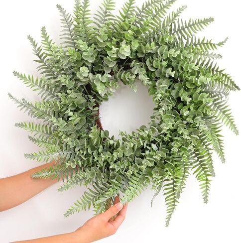 26'' Eucalyptus and Boston Ferns Wreath for Front Door - Artificial Eucalyptus Leaves Greenery Outdoor Wreath for Wedding Farmhouse Porch Wall Room Home Decor (Gray-Green) in Saudi Arabia