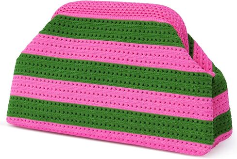 Rancco Pink and Green Woven Crochet Dumpling Bag – Striped Summer Clutch Purse for Women, Unique Beach Evening Handbag, Cute Pink & Green Purse, Colorful Summer Bag for Vacation in Saudi Arabia