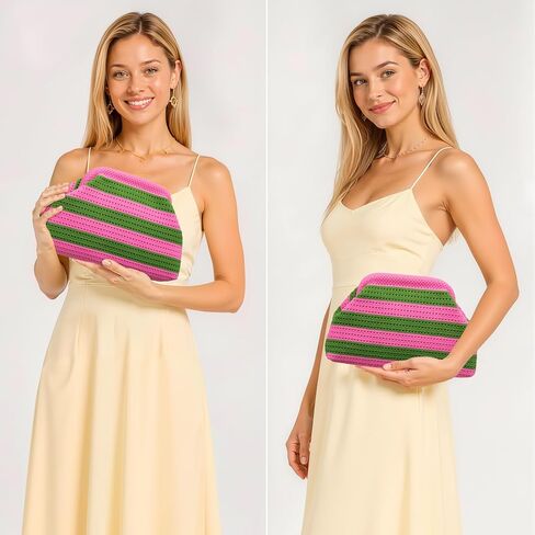 Rancco Pink and Green Woven Crochet Dumpling Bag – Striped Summer Clutch Purse for Women, Unique Beach Evening Handbag, Cute Pink & Green Purse, Colorful Summer Bag for Vacation in Saudi Arabia