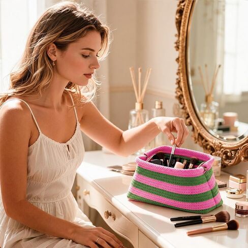 Rancco Pink and Green Woven Crochet Dumpling Bag – Striped Summer Clutch Purse for Women, Unique Beach Evening Handbag, Cute Pink & Green Purse, Colorful Summer Bag for Vacation in Saudi Arabia