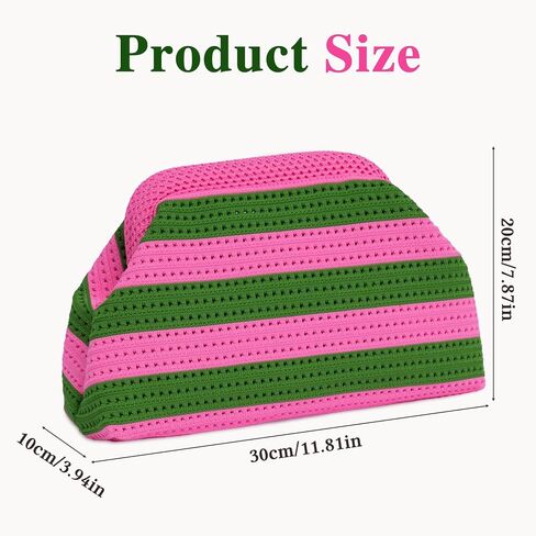 Rancco Pink and Green Woven Crochet Dumpling Bag – Striped Summer Clutch Purse for Women, Unique Beach Evening Handbag, Cute Pink & Green Purse, Colorful Summer Bag for Vacation in Saudi Arabia