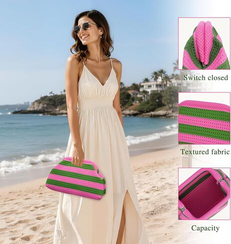 Rancco Pink and Green Woven Crochet Dumpling Bag – Striped Summer Clutch Purse for Women, Unique Beach Evening Handbag, Cute Pink & Green Purse, Colorful Summer Bag for Vacation in Saudi Arabia