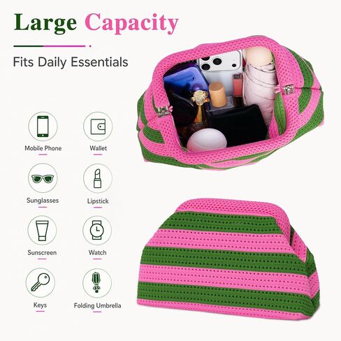 Rancco Pink and Green Woven Crochet Dumpling Bag – Striped Summer Clutch Purse for Women, Unique Beach Evening Handbag, Cute Pink & Green Purse, Colorful Summer Bag for Vacation in Saudi Arabia