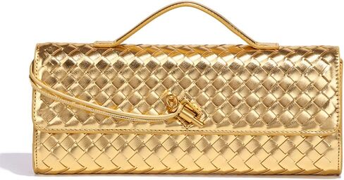 Evening Woven Handbag for Women PU Leather Clutch Purses Removable Strap Shoulder Bag Fashion Crossbody Tote Bag (Gold) in Saudi Arabia