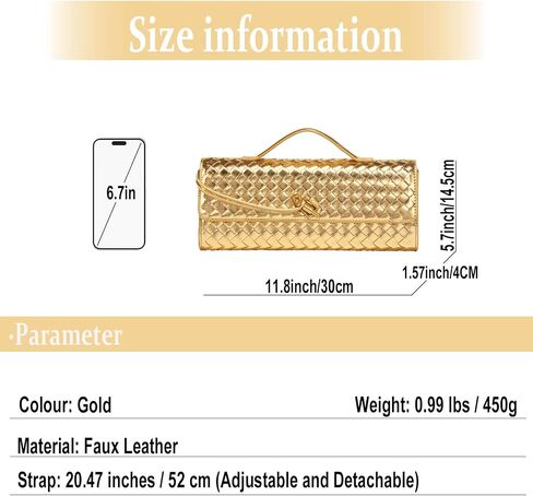 Evening Woven Handbag for Women PU Leather Clutch Purses Removable Strap Shoulder Bag Fashion Crossbody Tote Bag (Gold) in Saudi Arabia