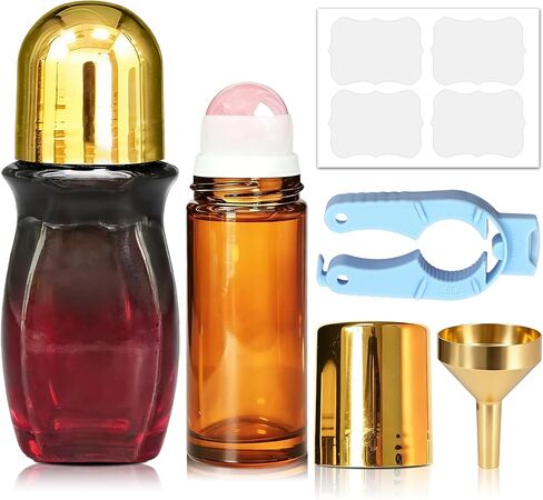 2 Pack Rose Quartz Essential Oils Roller Bottles, Empty Leakproof 50ml Black to Red Gradient Waisted Roller Bottle and 30ml Amber Glass Roll On Bottle for Perfume, Anointing, Travel, DIY in Saudi Arabia