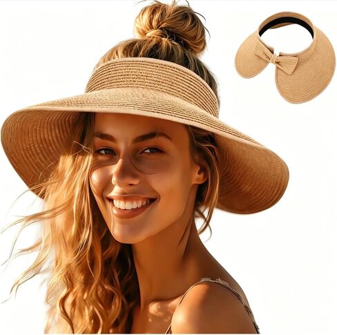 Sun Visor Hats for Women Wide Brim Straw Beach Hat Floppy Travel Hats with A Bow UV Protection in Saudi Arabia