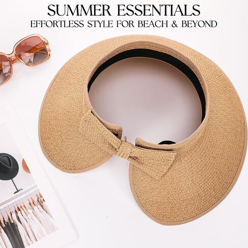 Sun Visor Hats for Women Wide Brim Straw Beach Hat Floppy Travel Hats with A Bow UV Protection in Saudi Arabia