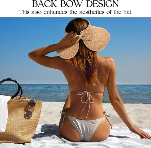 Sun Visor Hats for Women Wide Brim Straw Beach Hat Floppy Travel Hats with A Bow UV Protection in Saudi Arabia