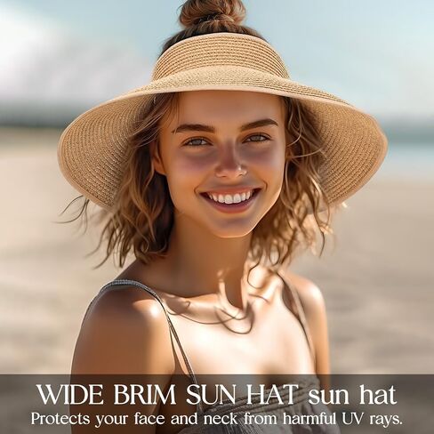 Sun Visor Hats for Women Wide Brim Straw Beach Hat Floppy Travel Hats with A Bow UV Protection in Saudi Arabia