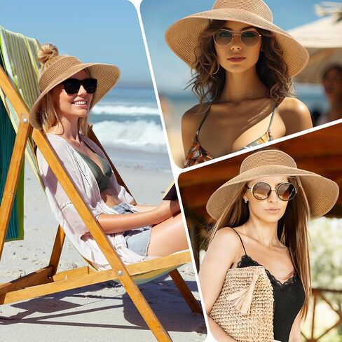 Sun Visor Hats for Women Wide Brim Straw Beach Hat Floppy Travel Hats with A Bow UV Protection in Saudi Arabia