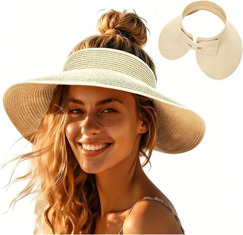Sun Visor Hats for Women Wide Brim Straw Beach Hat Floppy Travel Hats with A Bow UV Protection in Saudi Arabia