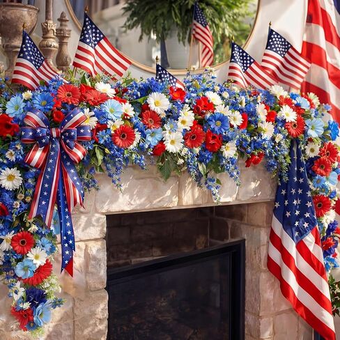 6 ft Red White Blue Garland 4th of July Patriotic Flower Garland for Mantle Artificial 250th Decoration with Daisy Lavender Vine Memorial Day Faux Floral for Independence Table Decor in Kuwait
