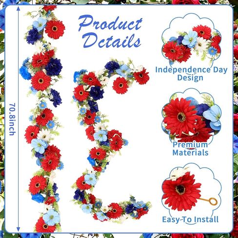 6 ft Red White Blue Garland 4th of July Patriotic Flower Garland for Mantle Artificial 250th Decoration with Daisy Lavender Vine Memorial Day Faux Floral for Independence Table Decor in Kuwait