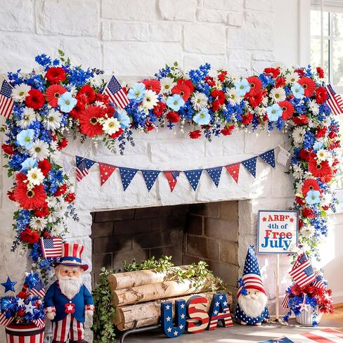 6 ft Red White Blue Garland 4th of July Patriotic Flower Garland for Mantle Artificial 250th Decoration with Daisy Lavender Vine Memorial Day Faux Floral for Independence Table Decor in Kuwait