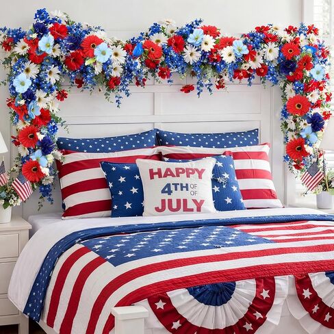 6 ft Red White Blue Garland 4th of July Patriotic Flower Garland for Mantle Artificial 250th Decoration with Daisy Lavender Vine Memorial Day Faux Floral for Independence Table Decor in Kuwait