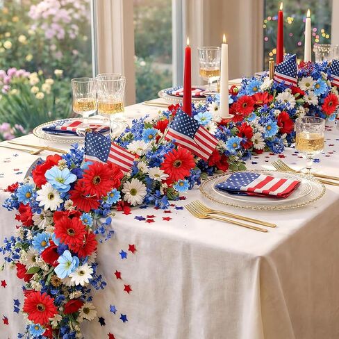 6 ft Red White Blue Garland 4th of July Patriotic Flower Garland for Mantle Artificial 250th Decoration with Daisy Lavender Vine Memorial Day Faux Floral for Independence Table Decor in Kuwait