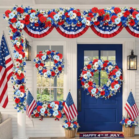 6 ft Red White Blue Garland 4th of July Patriotic Flower Garland for Mantle Artificial 250th Decoration with Daisy Lavender Vine Memorial Day Faux Floral for Independence Table Decor in Kuwait