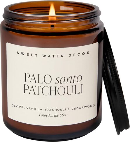 Sweet Water Decor Palo Santo Patchouli Soy Candle - Black Pepper, Clove Leaf, Nutmeg and Lavender Scented Candles for Home - 9oz Amber Jar + Black Lid, 40+ Hour Burn Time, Made in the USA in Saudi Arabia