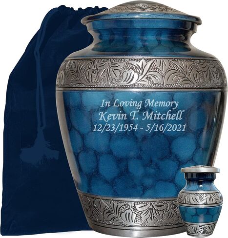 Blue Personalized Large Size Human Cremation Urn with Keepsake and Velvet Bag in Kuwait