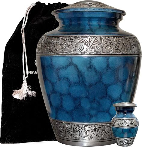 Blue Personalized Large Size Human Cremation Urn with Keepsake and Velvet Bag in Kuwait