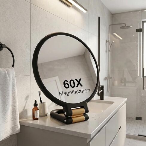 Magnifying Handheld Mirror Double Sided, 1X and 60X Magnification Hand Mirror, Travel Folding Hand Held Makeup Mirror with 360° Rotation Pedestal for Vanity, Dressing Table and Daily Use Black in Kuwait