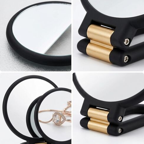 Magnifying Handheld Mirror Double Sided, 1X and 60X Magnification Hand Mirror, Travel Folding Hand Held Makeup Mirror with 360° Rotation Pedestal for Vanity, Dressing Table and Daily Use Black in Kuwait