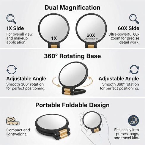 Magnifying Handheld Mirror Double Sided, 1X and 60X Magnification Hand Mirror, Travel Folding Hand Held Makeup Mirror with 360° Rotation Pedestal for Vanity, Dressing Table and Daily Use Black in Kuwait