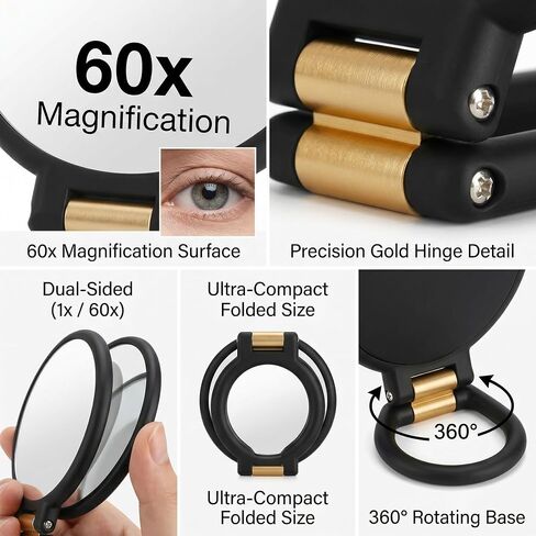 Magnifying Handheld Mirror Double Sided, 1X and 60X Magnification Hand Mirror, Travel Folding Hand Held Makeup Mirror with 360° Rotation Pedestal for Vanity, Dressing Table and Daily Use Black in Kuwait