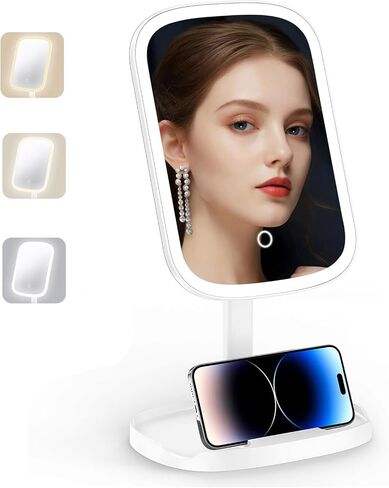 Makeup Mirror Vanity with Lights, Rechargeable Vanity Mirror with 3 Color Light, Adjustable Brightness, 360° Degree Rotation, Makeup Mirror for Beginners, Gifts for Women (Beige) in Saudi Arabia