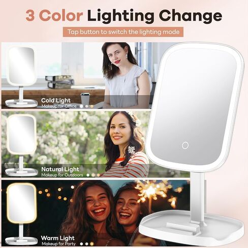 Makeup Mirror Vanity with Lights, Rechargeable Vanity Mirror with 3 Color Light, Adjustable Brightness, 360° Degree Rotation, Makeup Mirror for Beginners, Gifts for Women (Beige) in Saudi Arabia