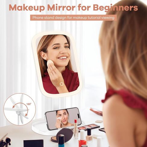 Makeup Mirror Vanity with Lights, Rechargeable Vanity Mirror with 3 Color Light, Adjustable Brightness, 360° Degree Rotation, Makeup Mirror for Beginners, Gifts for Women (Beige) in Saudi Arabia