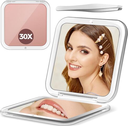 MOMOKUBA 30X Magnifying Mirror, Compact Travel Mirror for Purse & Pocket, Double-Sided Makeup Mirror with Tweezers, Portable Mirror for Eyebrow Plucking, Daily Beauty and Travel Essentials, Rose in Saudi Arabia