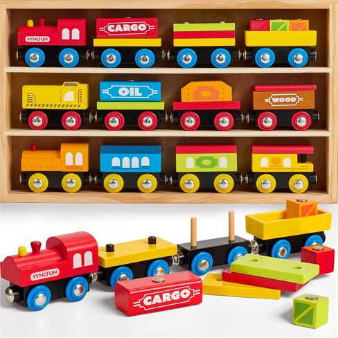 SYNCFUN Montessori Wooden Train Toy Set for Kids, 12PCS Magnetic Train Cars with Storage Gift Box, STEM Educational Toy for Boys & Girls, Ages 2-8 Years, Xmas Birthday Party Gift in Kuwait