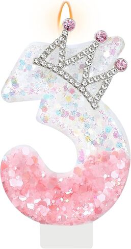 AKURIEEY Princess Crown Number 3 Birthday Candle Pink and White Cake Topper Cupcake Decorations Princess Themed Party Decor Favors Anniversary Celebrations Supplies in Saudi Arabia
