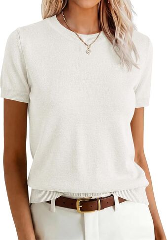 ANRABESS Womens Short Sleeve Sweaters Wool Blend Crew Neck Sweater Shirts Business Casual Work Tops 2025 Summer Outfits in Kuwait