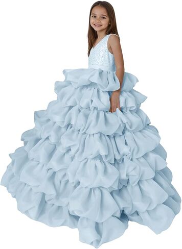 V Neck Organza Flower Girl Dress for Wedding Tiered Sequin Beaded Communion Gown Puffy A Line Kids Prom Dresses in Saudi Arabia