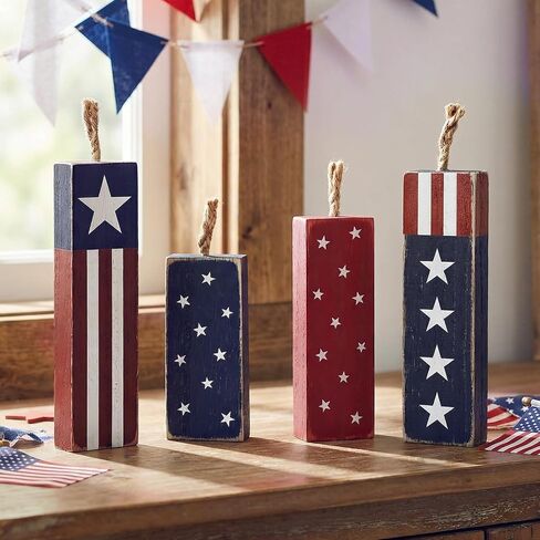 4th of July Decorations, 4Pcs Red White and Blue Decorations, Rustic Patriotic Decorations for Memorial Day, Retro Patriotic Decor Tiered Tray Decor, Fourth of July Decor for Home Office Shelf in Saudi Arabia