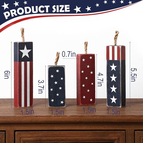 4th of July Decorations, 4Pcs Red White and Blue Decorations, Rustic Patriotic Decorations for Memorial Day, Retro Patriotic Decor Tiered Tray Decor, Fourth of July Decor for Home Office Shelf in Saudi Arabia