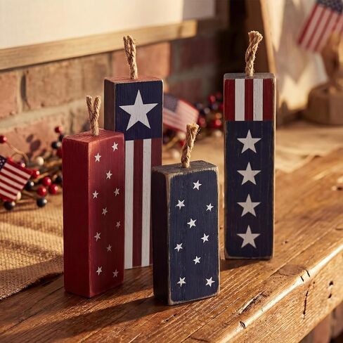 4th of July Decorations, 4Pcs Red White and Blue Decorations, Rustic Patriotic Decorations for Memorial Day, Retro Patriotic Decor Tiered Tray Decor, Fourth of July Decor for Home Office Shelf in Saudi Arabia